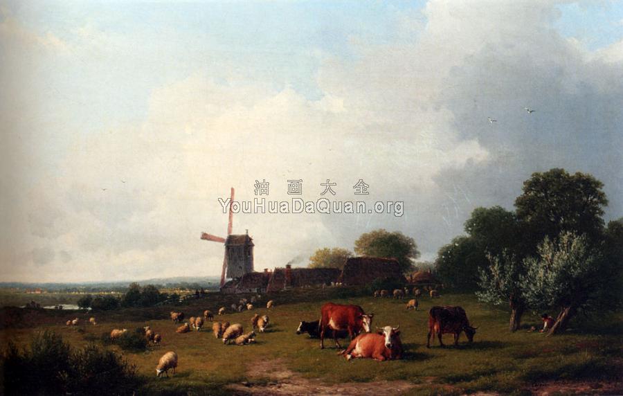 A Panoramic Summer Landscape With Cattle Grazing In A Meadow - 尤金·约瑟夫·维保盖文